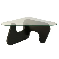 Table basse en verre - pied bois brun, forme triangle ANZIO