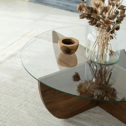 Table basse en verre – pied croix bois brun, 90 cm ANZIO