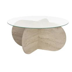 Table basse en verre - pied en croix effet travertin SALTA