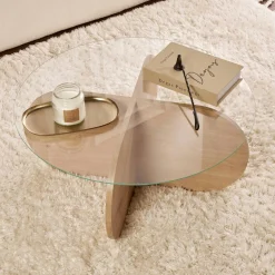 Table basse en verre - pied en croix effet chêne clair SALTA
