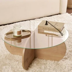 Table basse en verre - pied en croix effet chêne clair SALTA