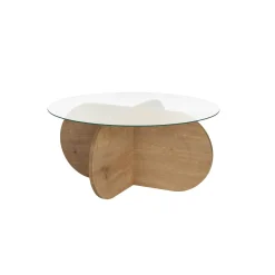 Table basse en verre - pied en croix effet chêne clair SALTA