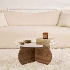 Table basse en verre - pied en croix effet noyer SALTA