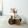 Table basse en verre – pied en croix bois brun ANZIO