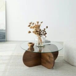 Table basse en verre – pied en croix bois brun ANZIO