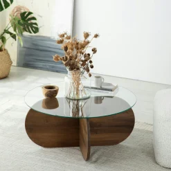 Table basse en verre – pied en croix bois brun ANZIO