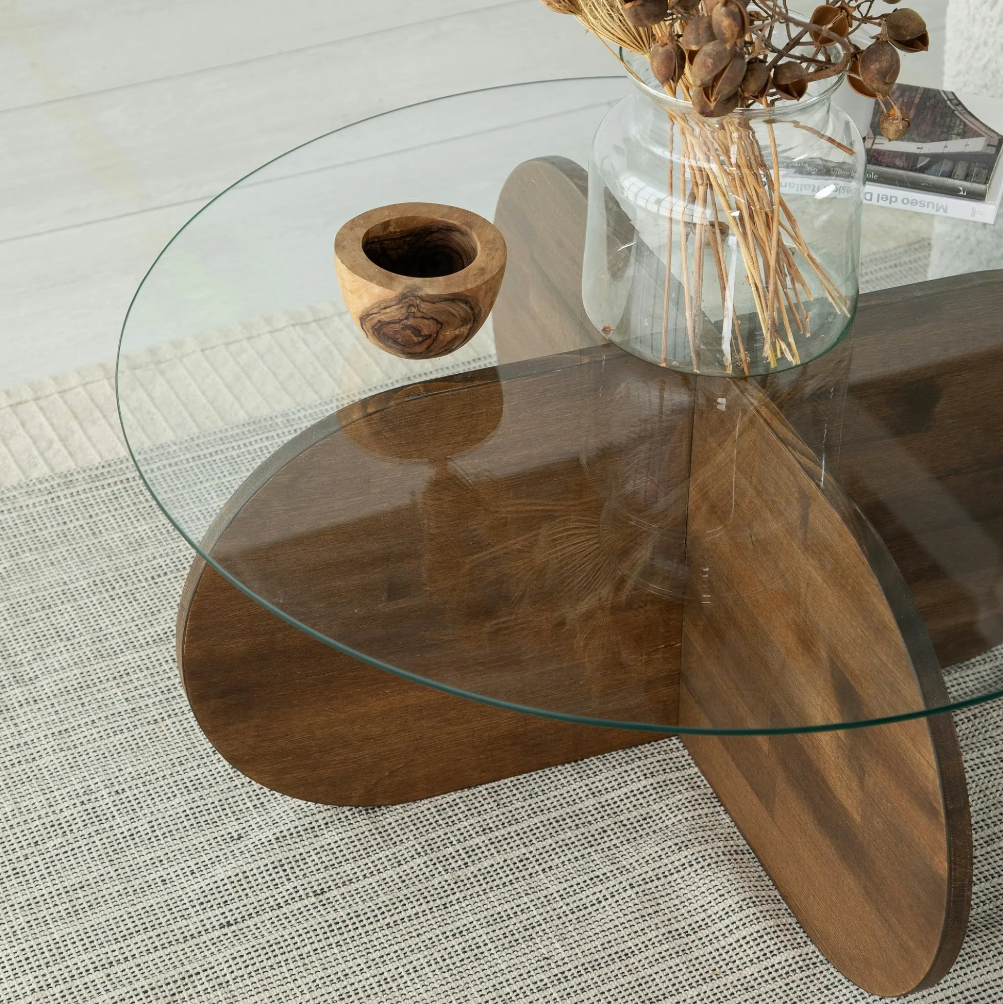 Table basse en verre – pied en croix bois brun ANZIO