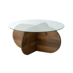 Table basse en verre – pied en croix bois brun ANZIO