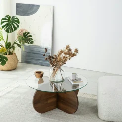 Table basse en verre – pied en croix bois brun ANZIO