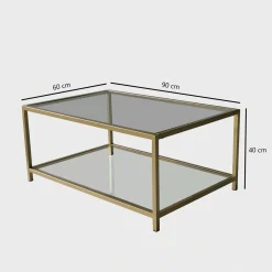 Table basse en verre 2 plateaux, structure dorée TULUM