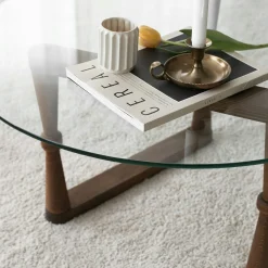 Table basse en verre ronde - pied bois sculpté BOMA