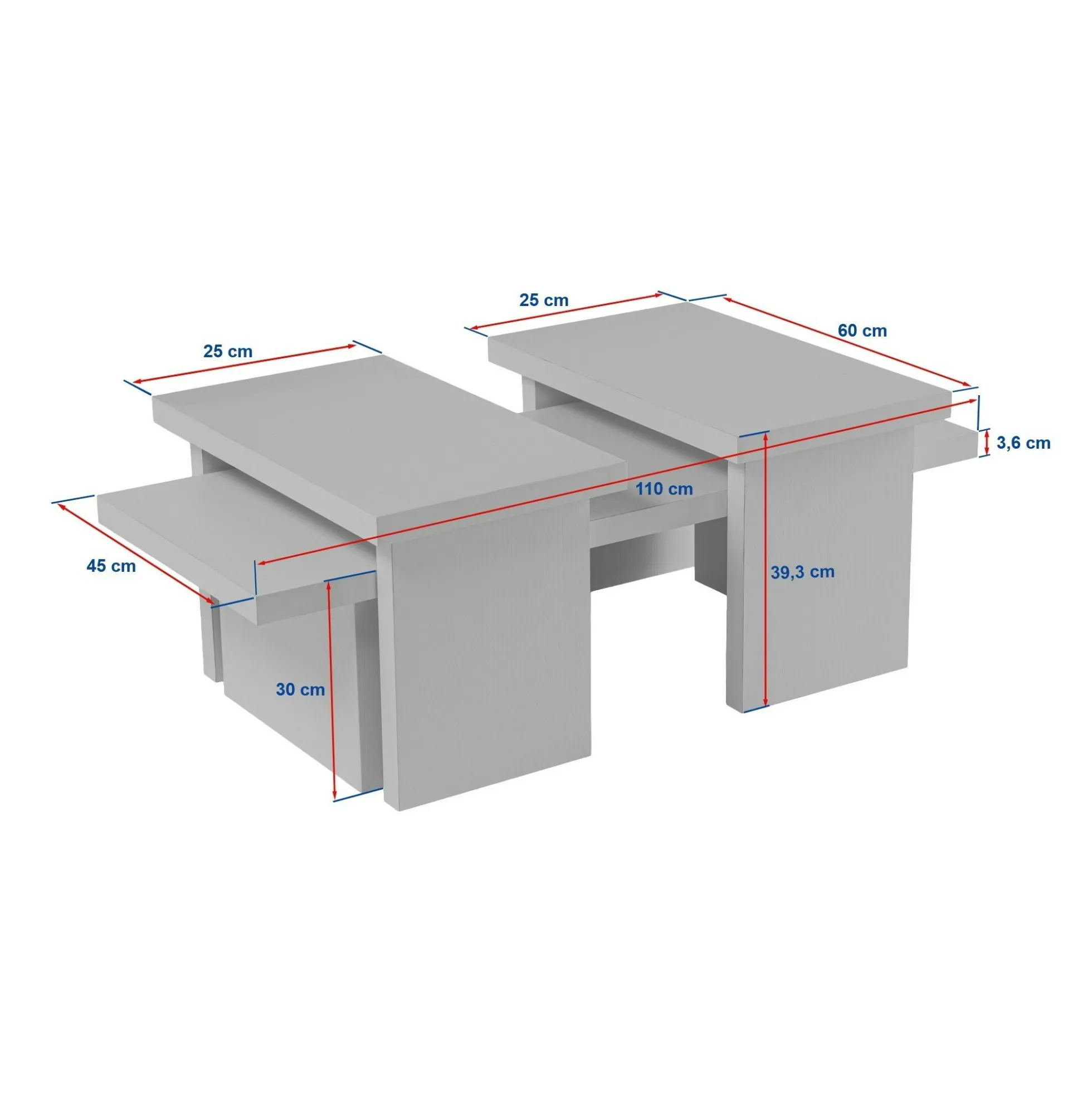 Table basse gigogne design – effet bois blanc (3 pièces) MARFA