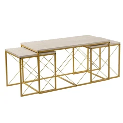Table basse gigogne effet travertin pied doré (lot de 3) JENA