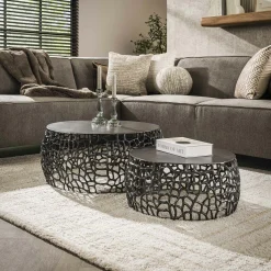 Table basse gigogne en métal gris motifs ajourés (2 pièces)