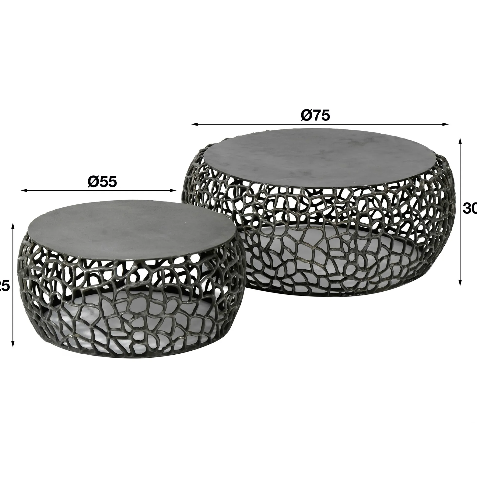 Table basse gigogne en métal gris motifs ajourés (2 pièces)