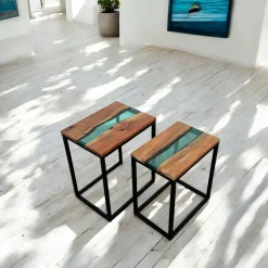Table basse gigogne époxy lagon et bois d'acacia (lot de 2) BORA