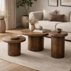 Table basse gigogne ronde bois brun à plateau épais (lot de 3) ALMA