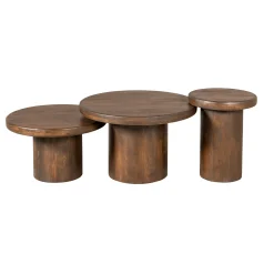 Table basse gigogne ronde bois brun à plateau épais (lot de 3) ALMA