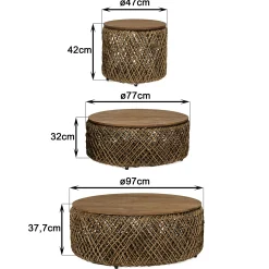 Table basse gigogne ronde en teck et rotin (lot de 3) SWING