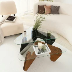 Table basse gigogne verre - 2 bois, triangle (lot de 2) ANZIO
