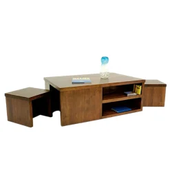 Table basse Hévéa avec niches + 2 tabourets à ranger sous la table 120x80x45cm HELENA