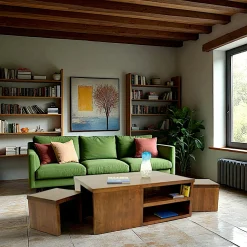 Table basse Hévéa avec niches + 2 tabourets à ranger sous la table 120x80x45cm HELENA