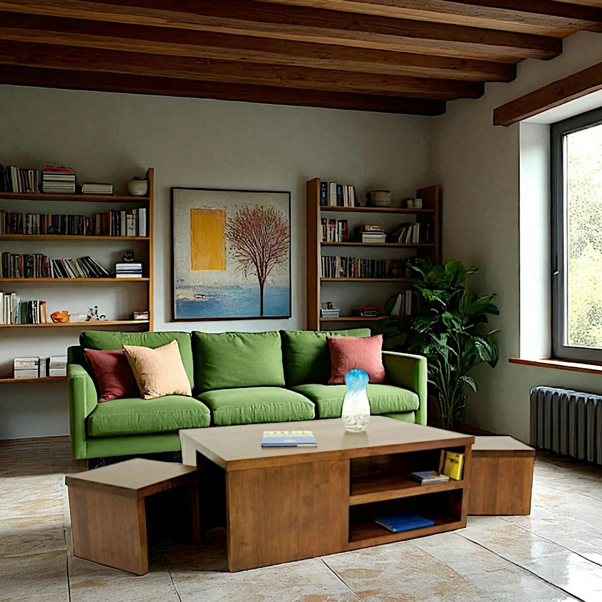 Table basse Hévéa avec niches + 2 tabourets à ranger sous la table 120x80x45cm HELENA