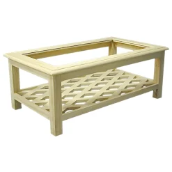 Table basse Hévéa double plateaux, 1 plateau verre, 1 plateau ajouré effet croisé 120x70x47cm MAORI
