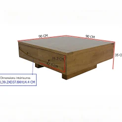 Table basse Hévéa 4 tiroirs 90x90x35cm NIAGARA