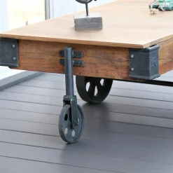 Table basse industrielle vintage bois recyclé roues LEEDS