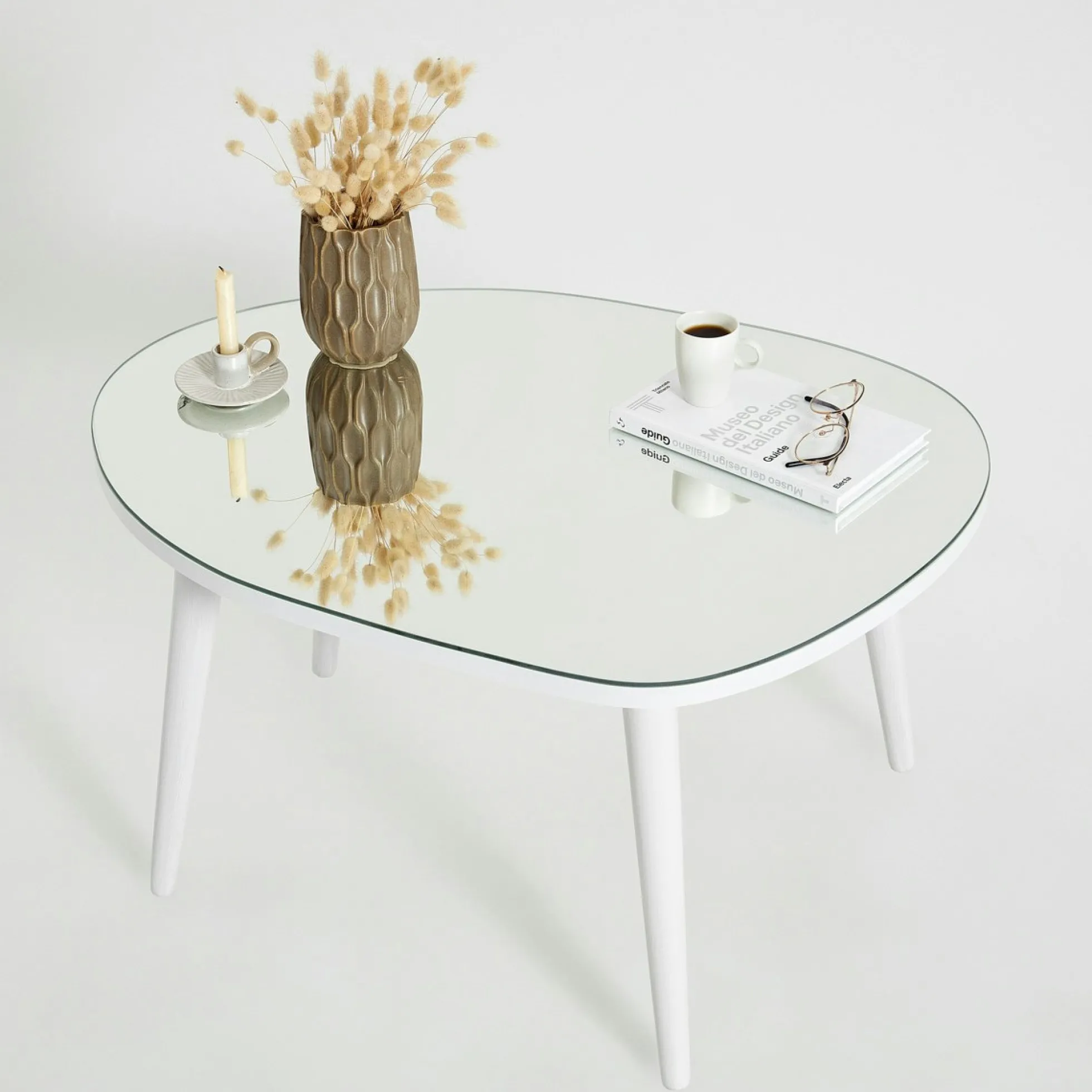 Table basse miroir forme organique pieds blancs TULUM