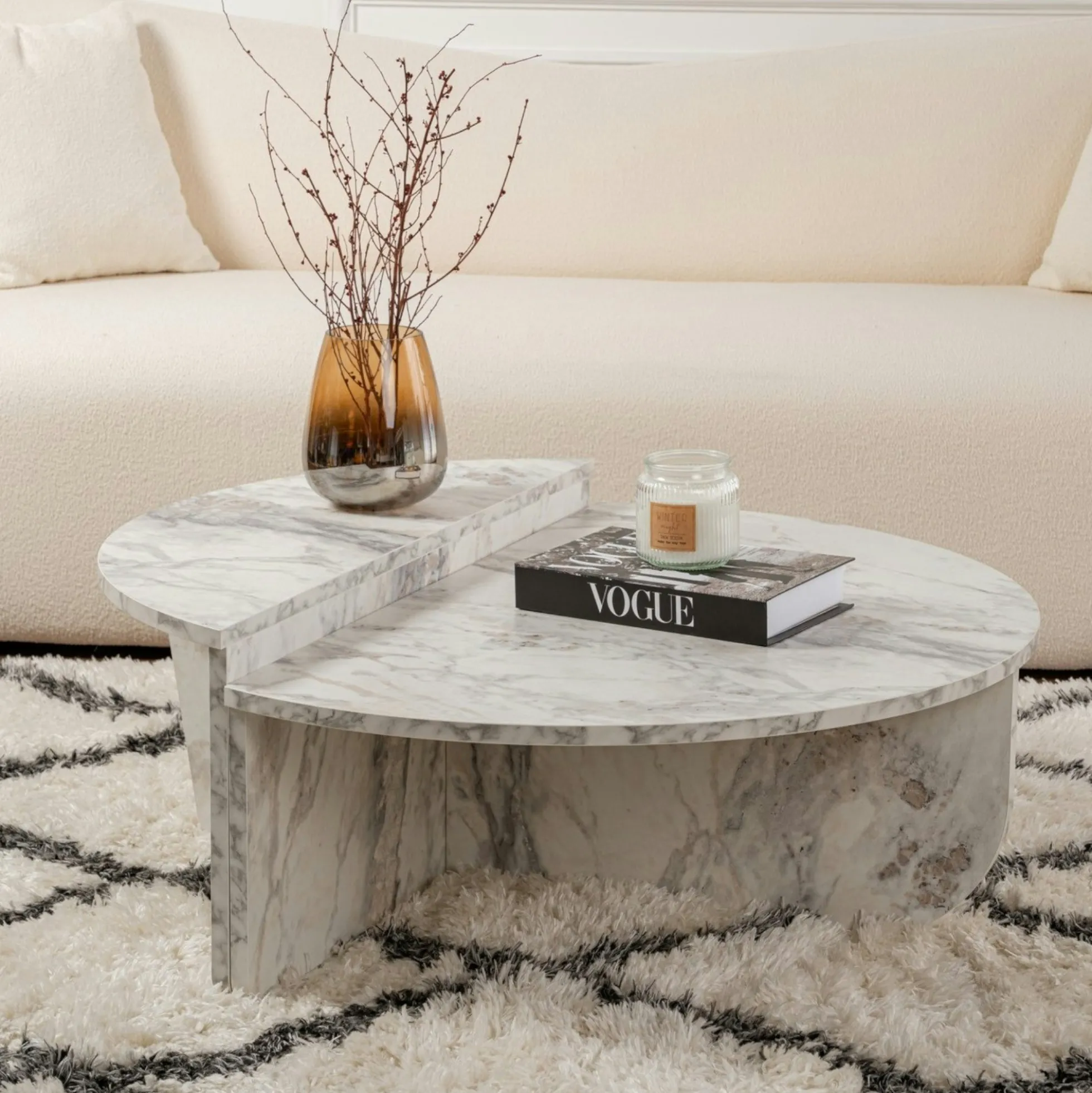 Table basse moderne effet marbre blanc - 2 hauteurs MARFA