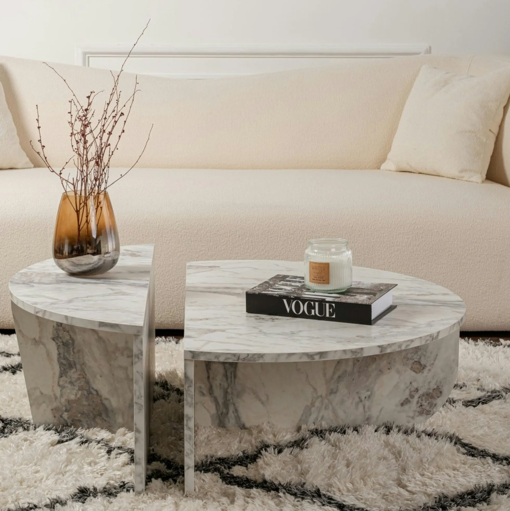 Table basse moderne effet marbre blanc - 2 hauteurs MARFA