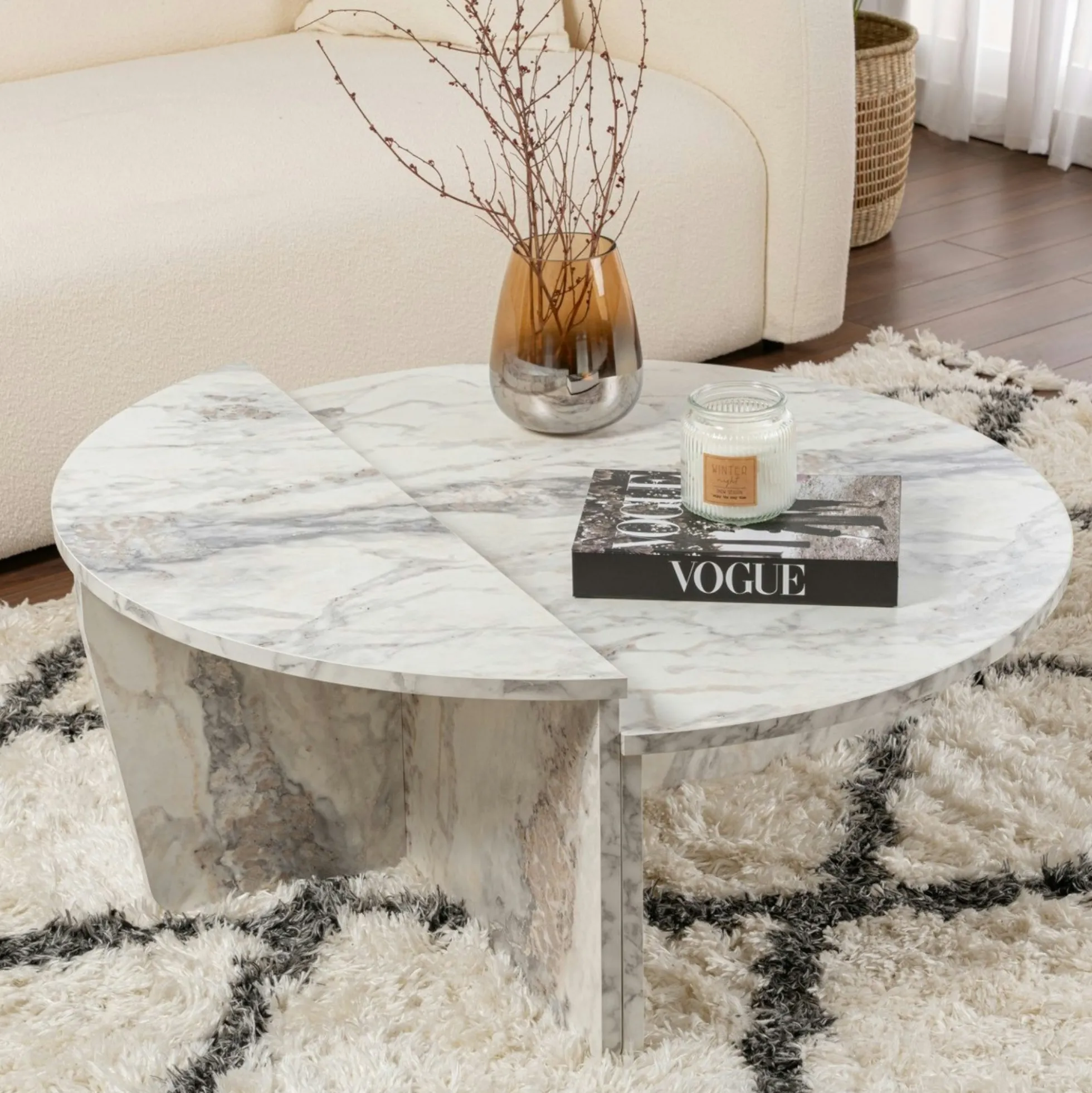 Table basse moderne effet marbre blanc - 2 hauteurs MARFA