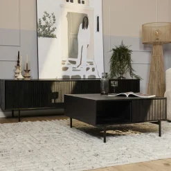 Table basse noire carrée en bois rainuré 2 tiroirs CORTINA