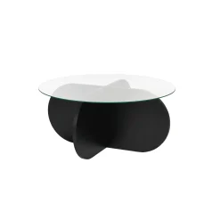 Table basse noire plateau verre – pied croix effet bois SALTA