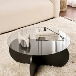 Table basse noire plateau verre – pied croix effet bois SALTA
