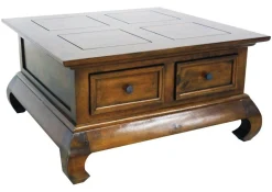 Table basse Opium Hévéa 4 tiroirs et pieds galbés 75x75x39,8cm MAORI