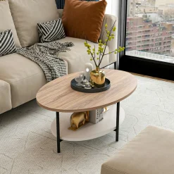 Table basse ovale double plateau effet bois et blanc JENA