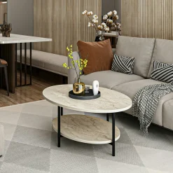 Table basse ovale double plateau effet travertin JENA