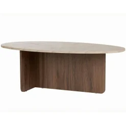 Table basse ovale organique décor travertin et noyer MARFA