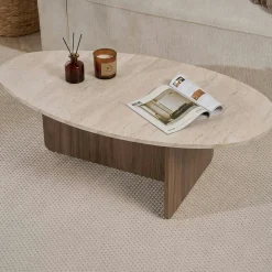 Table basse ovale organique décor travertin et noyer MARFA