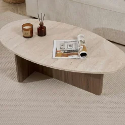 Table basse ovale organique décor travertin et noyer MARFA
