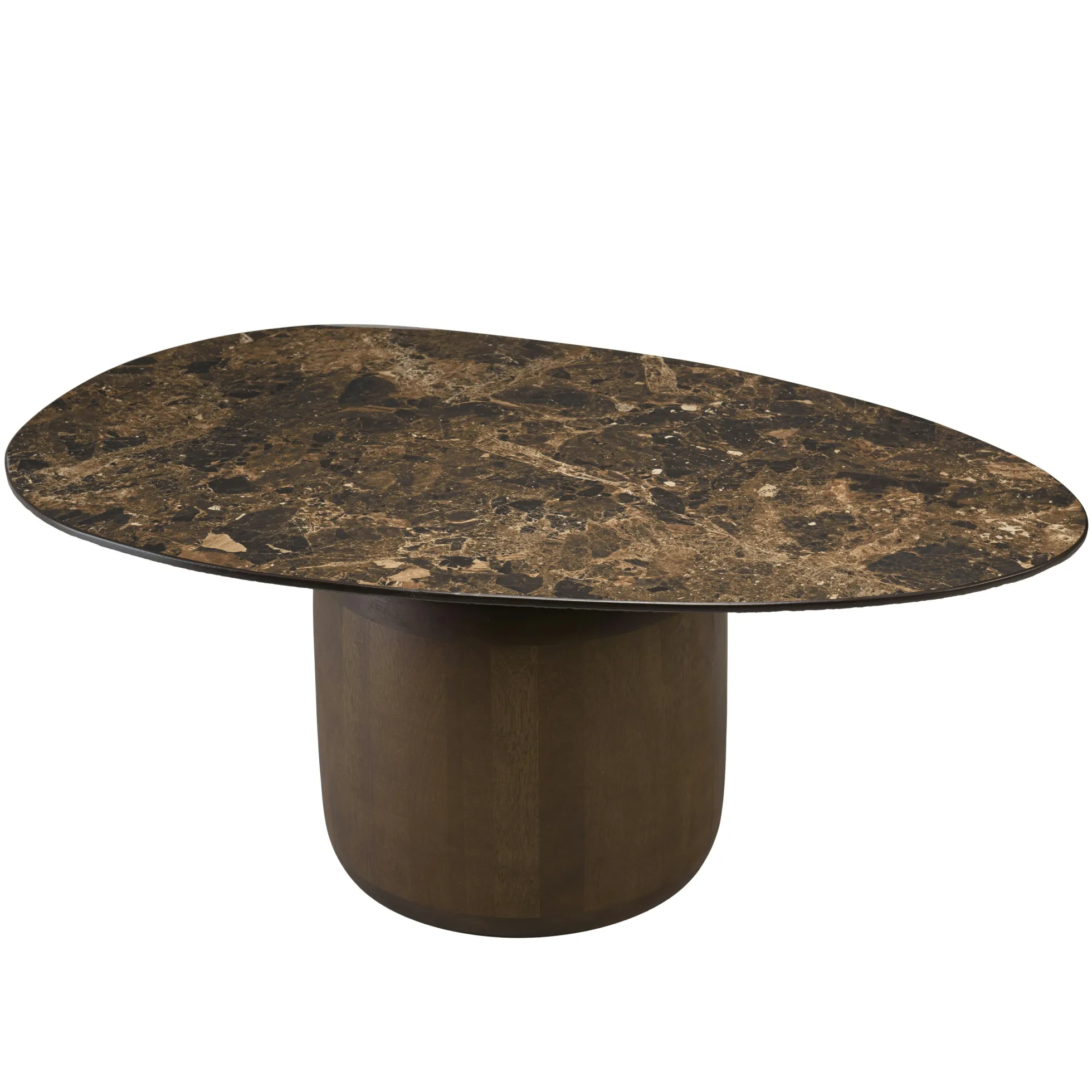 Table basse ovoïde plateau céramique marron pied en manguier TOSCA