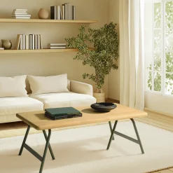 Table basse pieds tréteaux métal vert et pin BAGAN