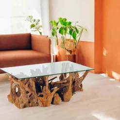 Table basse plateau en verre sur racine de teck ARIZONA