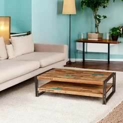 Table basse rectangle bois recyclé double plateaux 120x70 CARAVELLE