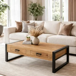 Table basse rectangulaire bois clair métal noir 2 tiroirs MILORA