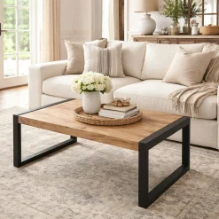 Table basse rectangulaire bois clair métal noir MILORA