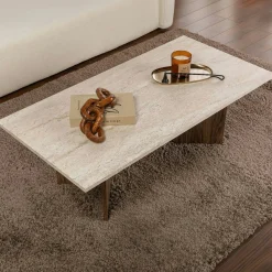 Table basse rectangulaire décor travertin et noyer MARFA